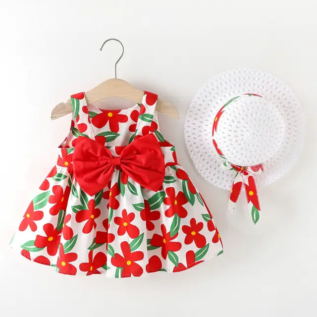 TODDLER FLORAL PRINT SLEVELESS SUMMER DRESS WITH HAT