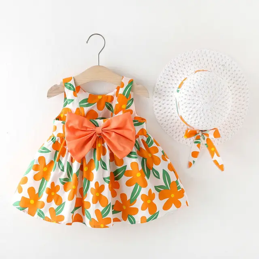 TODDLER FLORAL PRINT SLEVELESS SUMMER DRESS WITH HAT