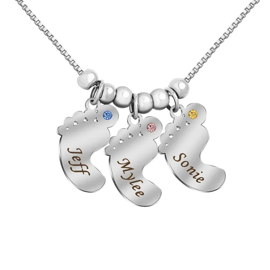 CUSTOMIZED ENGRAVED BABY FOOT PENDANT NAME BIRTHSTONE NECKLACE FOR MOTHER'S DAY GIFT