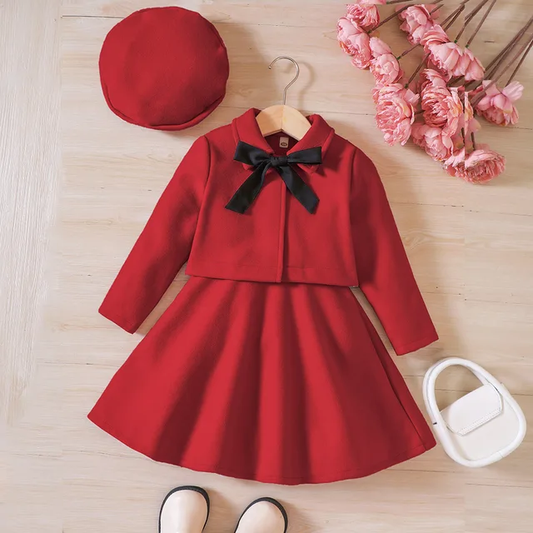 GIRL'S WINTER BOW TIE WOOLEN COAT AND VEST SKIRT SETS