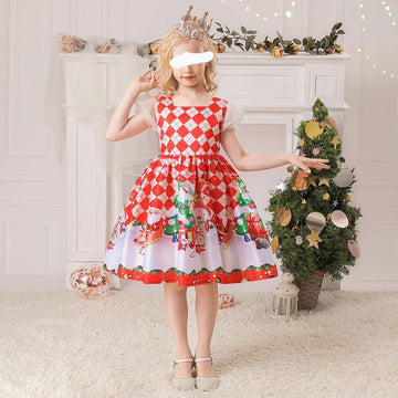 GIRL'S CHRISTMAS PRINTED SATIN DRESS