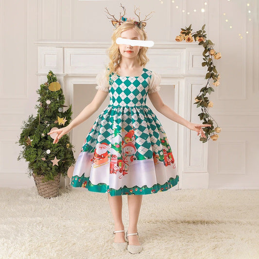 GIRL'S CHRISTMAS PRINTED SATIN DRESS